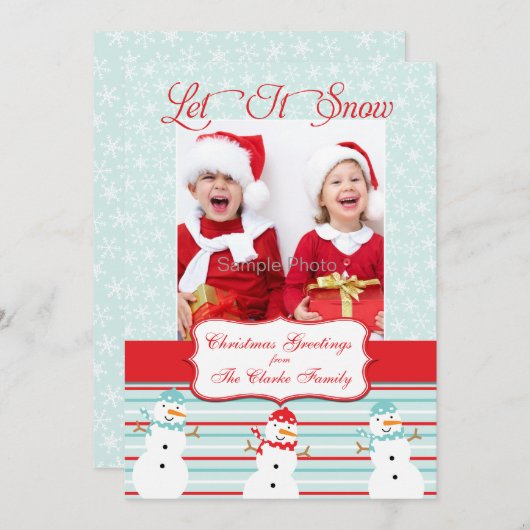 ブルーレッド雪だるまクリスマスフォトカード シーズンカード (正面/裏面)