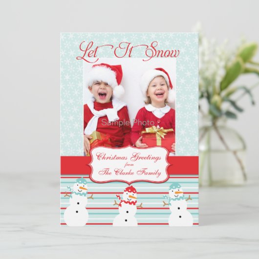 ブルーレッド雪だるまクリスマスフォトカード シーズンカード (スタンド正面)