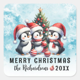 ブルーレッド3ペンギンおもしろいメリークリスマス スクエアシール
