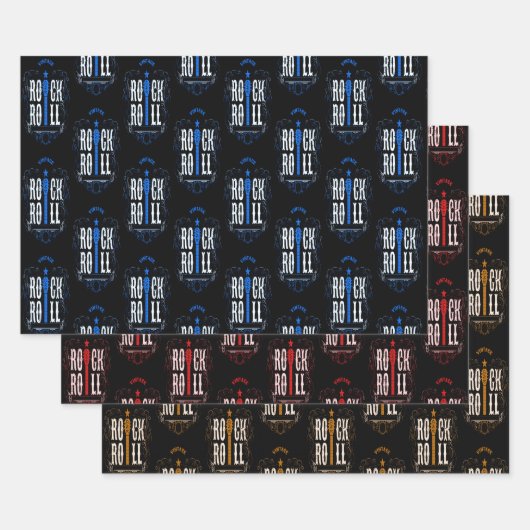 ブルーレッド&金ゴールドヴィンテージロック転が& ラッピングペーパーシート (セット)