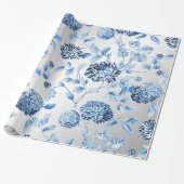ブルーレディモダンヴィンテージラージフローラトイルシルバー ラッピングペーパー (アンロールド)