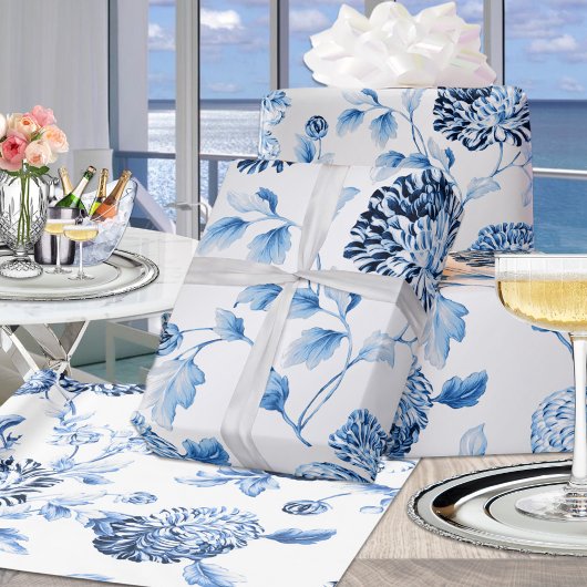 ブルーレディモダンヴィンテージラージフローラトイルシルバー ラッピングペーパー