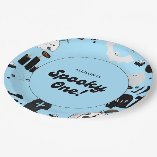 ブルーレトログルーイ不気味ワンハロウィーン1st誕生日 ペーパープレート (アングル)