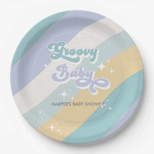 ブルーレトログルーヴィーベビーシャワー ペーパープレート (正面)