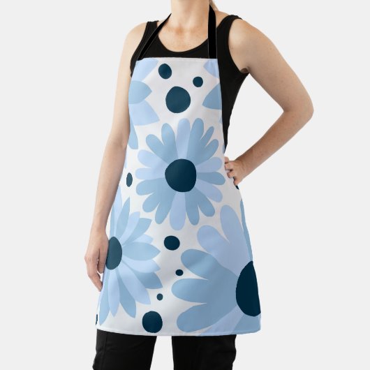 ブルーレトロスタイルデイジーとダークブルーのドット エプロン (インサイチュ)