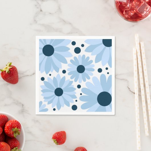 ブルーレトロスタイルデイジーとダークブルーのドット スタンダードカクテルナプキン (インサイチュ)