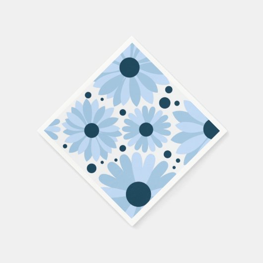 ブルーレトロスタイルデイジーとダークブルーのドット スタンダードカクテルナプキン (角)