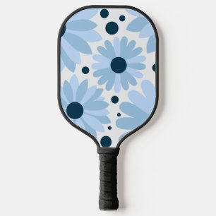 ブルーレトロスタイルデイジーとダークブルーのドット ピックルボールラケット