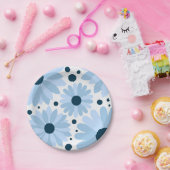 ブルーレトロスタイルデイジーとダークブルーのドット ペーパープレート (パーティー)