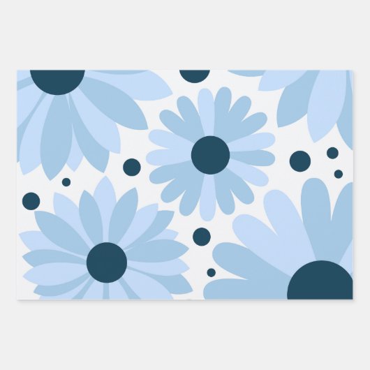 ブルーレトロスタイルデイジーとダークブルーのドット ラッピングペーパーシート (正面3)