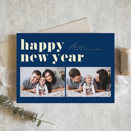 ブルーレトロタイポグラフィハッピーニューイヤー2枚 箔シーズンカード