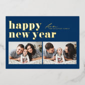 ブルーレトロタイポグラフィハッピーニューイヤー2枚 箔シーズンカード (正面)
