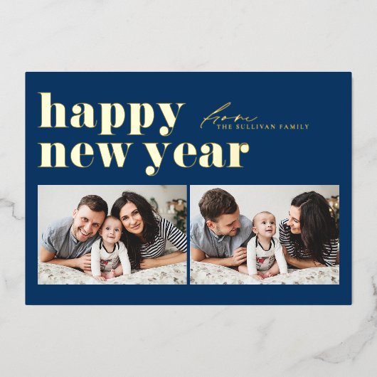 ブルーレトロタイポグラフィハッピーニューイヤー2枚 箔シーズンカード (正面)