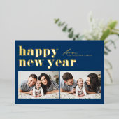 ブルーレトロタイポグラフィハッピーニューイヤー2枚 箔シーズンカード (立ち正面)