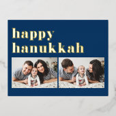 ブルーレトロタイポグラフィハッピーハヌッカフ2枚 箔シーズンポストカード (正面)