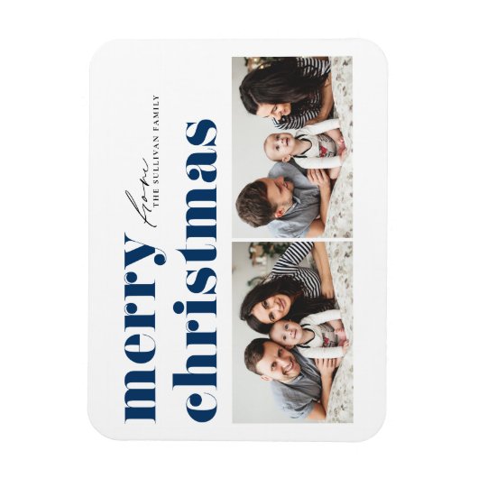 ブルーレトロタイポグラフィメリークリスマスツーフォト マグネット (縦)