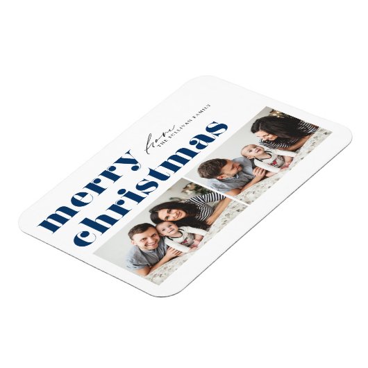 ブルーレトロタイポグラフィメリークリスマスツーフォト マグネット (左側)