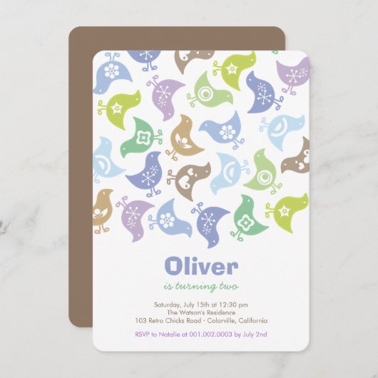 ブルーレトロチクスチャイルドバースデーパーティー招待状 招待状 (正面/裏面)