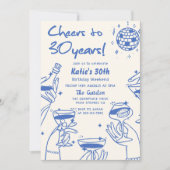 ブルーレトロハンドドローファンキード30歳の誕生日 招待状 (正面)
