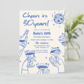 ブルーレトロハンドドローファンキード30歳の誕生日 招待状 (スタンド正面)