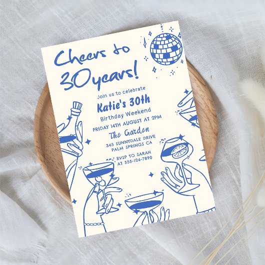 ブルーレトロハンドドローファンキード30歳の誕生日 招待状