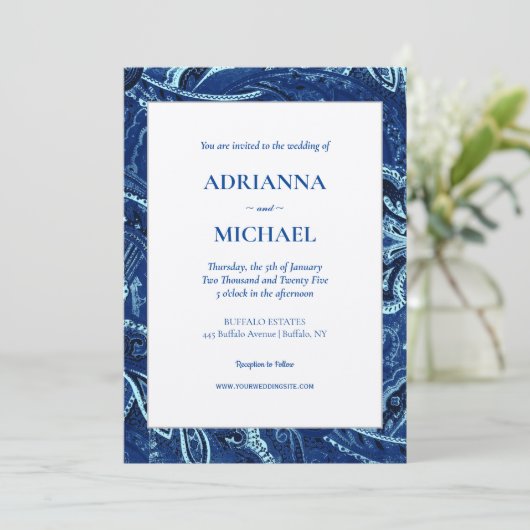 ブルーレトロバンダナペイズリー結婚式招待状 招待状 (スタンド正面)