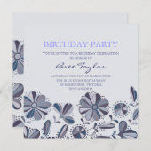 ブルーレトロフラワーデザイン誕生日招待状 招待状 (正面/裏面)