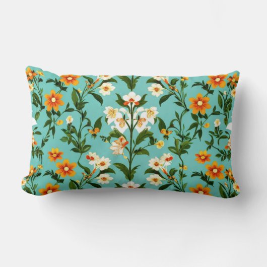 ブルーレトロボホヴィンテージフラワーパターン枕 ランバークッション (正面)