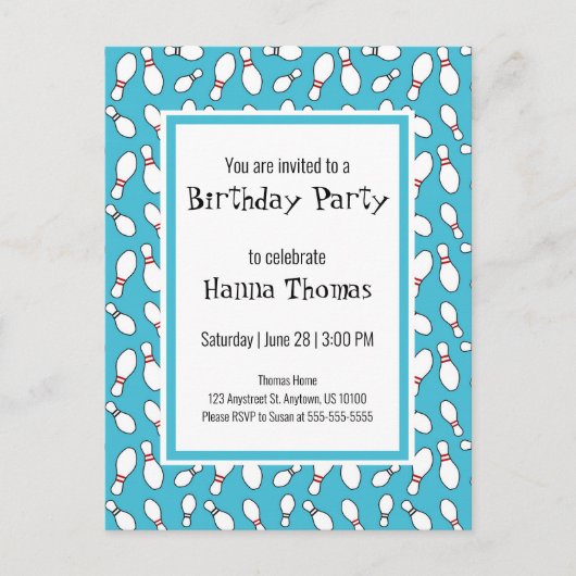 ブルーレトロボーリング誕生日招待状はがき インビテーションポストカード (正面)