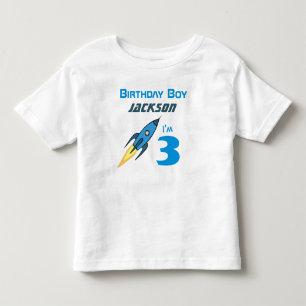 ブルーレトロロケットシップパーソナライズされた誕生日ボーイ トドラーTシャツ