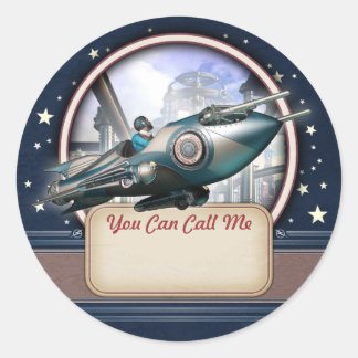 ブルーレトロロケット名タグステッカー ラウンドシール