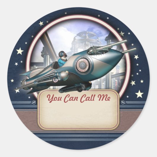 ブルーレトロロケット名タグステッカー ラウンドシール (正面)