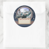 ブルーレトロロケット名タグステッカー ラウンドシール (バッグ)