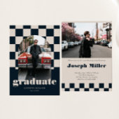 ブルーレトロ市松模様にアーチヴィンテージ写真卒業 招待状