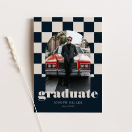 ブルーレトロ市松模様にアーチヴィンテージ写真卒業 招待状