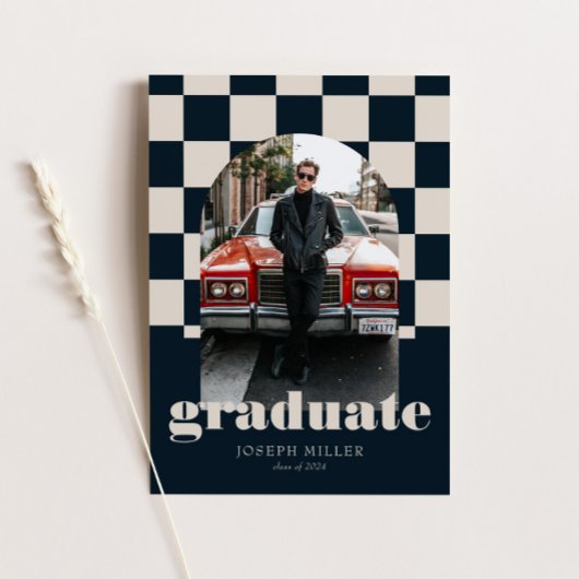 ブルーレトロ市松模様にアーチヴィンテージ写真卒業 招待状