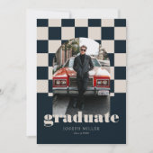 ブルーレトロ市松模様にアーチヴィンテージ写真卒業 招待状 (正面)