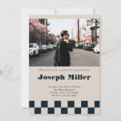 ブルーレトロ市松模様にアーチヴィンテージ写真卒業 招待状 (裏面)