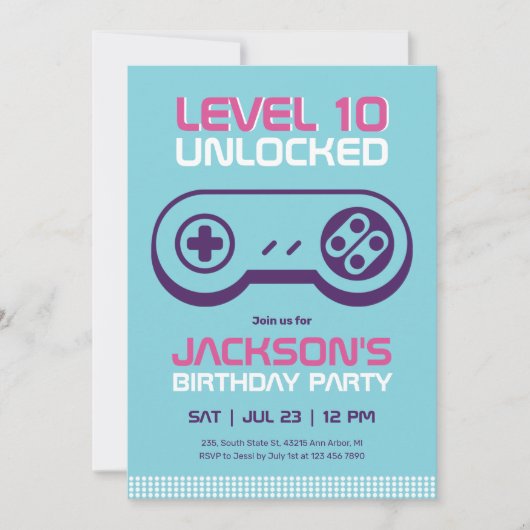 ブルーレベルアンロックゲーマーボーイ誕生日招待状 招待状 (正面)