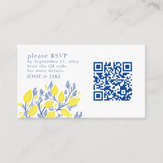 ブルーレモンつる植物とイエローレモンRSVP QRコード エンクロージャーカード (正面)