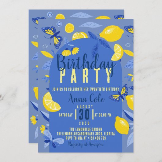 ブルーレモンバースデーパーティモダンー 招待状 (正面/裏面)