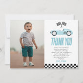 ブルーレーサーレースカーカスタムフォトバースデーパーティー サンキューカード (正面)