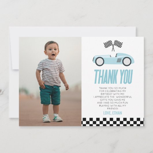 ブルーレーサーレースカーカスタムフォトバースデーパーティー サンキューカード (正面)