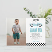 ブルーレーサーレースカーカスタムフォトバースデーパーティー サンキューカード (スタンド正面)