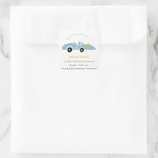 ブルーレーシングカーの子供のアドレスにオーバーかわいいレース スクエアシール (バッグ)