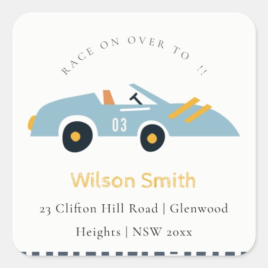 ブルーレーシングカーの子供のアドレスにオーバーかわいいレース スクエアシール (正面)