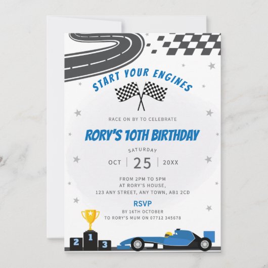 ブルーレーシングカーの誕生日パーティーへの招待 招待状 (正面)