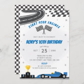 ブルーレーシングカーの誕生日パーティーへの招待 招待状 (正面/裏面)