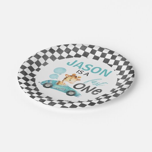 ブルーレーシングカーキリン1st誕生日 ペーパープレート (アングル)