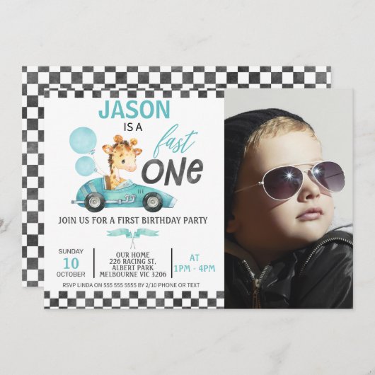 ブルーレーシングカーバルーンキリン写真1st誕生日 招待状 (正面/裏面)